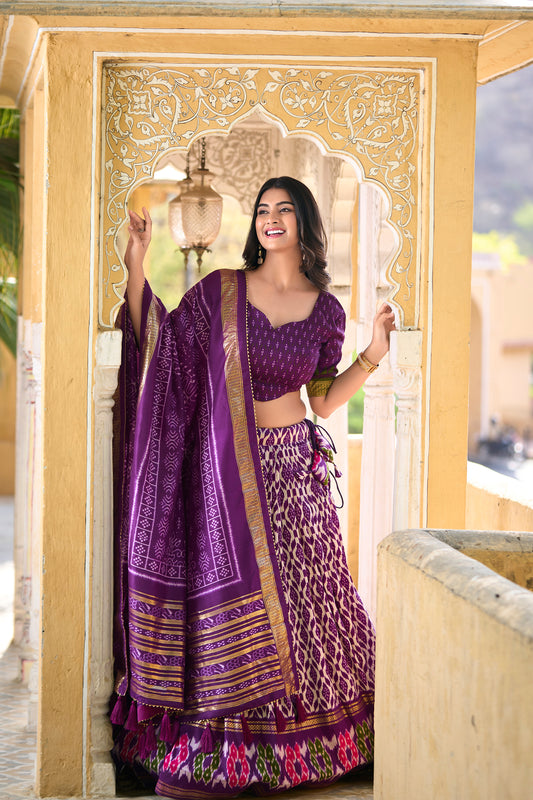 Awesome Fluorescent Purple Color Digital Patola Printed Lehenga Blouse