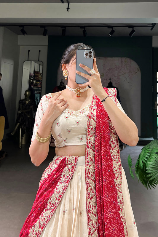 Indian Off White Designer Silk Thread Embroidery Work Lehenga Choli