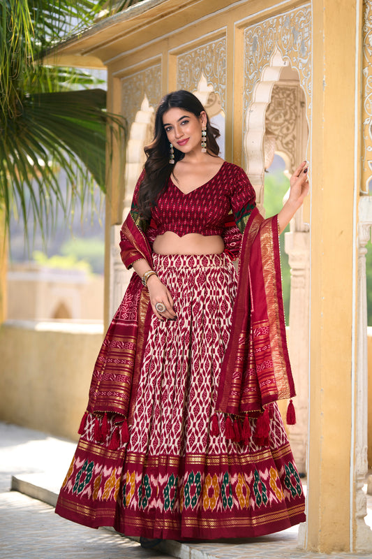 Indian Navratri Special Printed Silk Lahenga Blouse with Dupatta Set