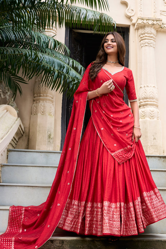 Amazing Red Color Embroidery Pure Chanderi Fabric Wedding Wear Lehenga