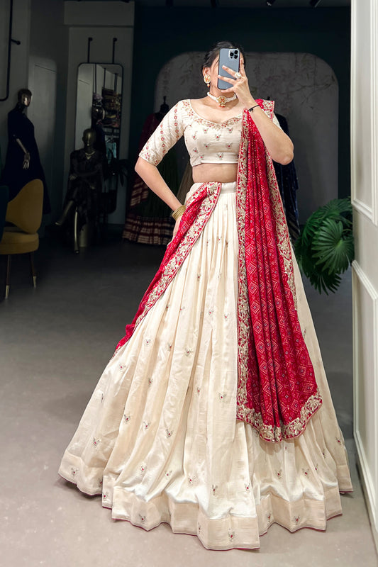 Indian Off White Designer Silk Thread Embroidery Work Lehenga Choli