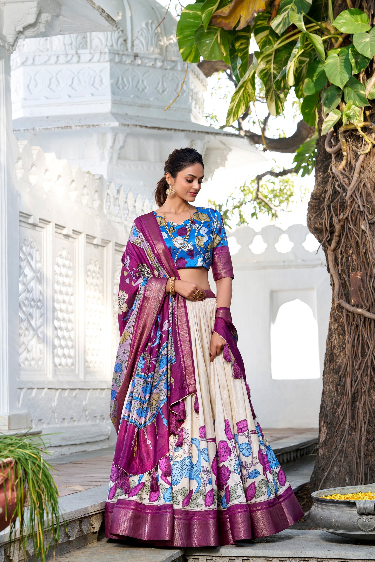 Stitched Off White Dola Silk Printed Work Party Wear Lehenga Choli