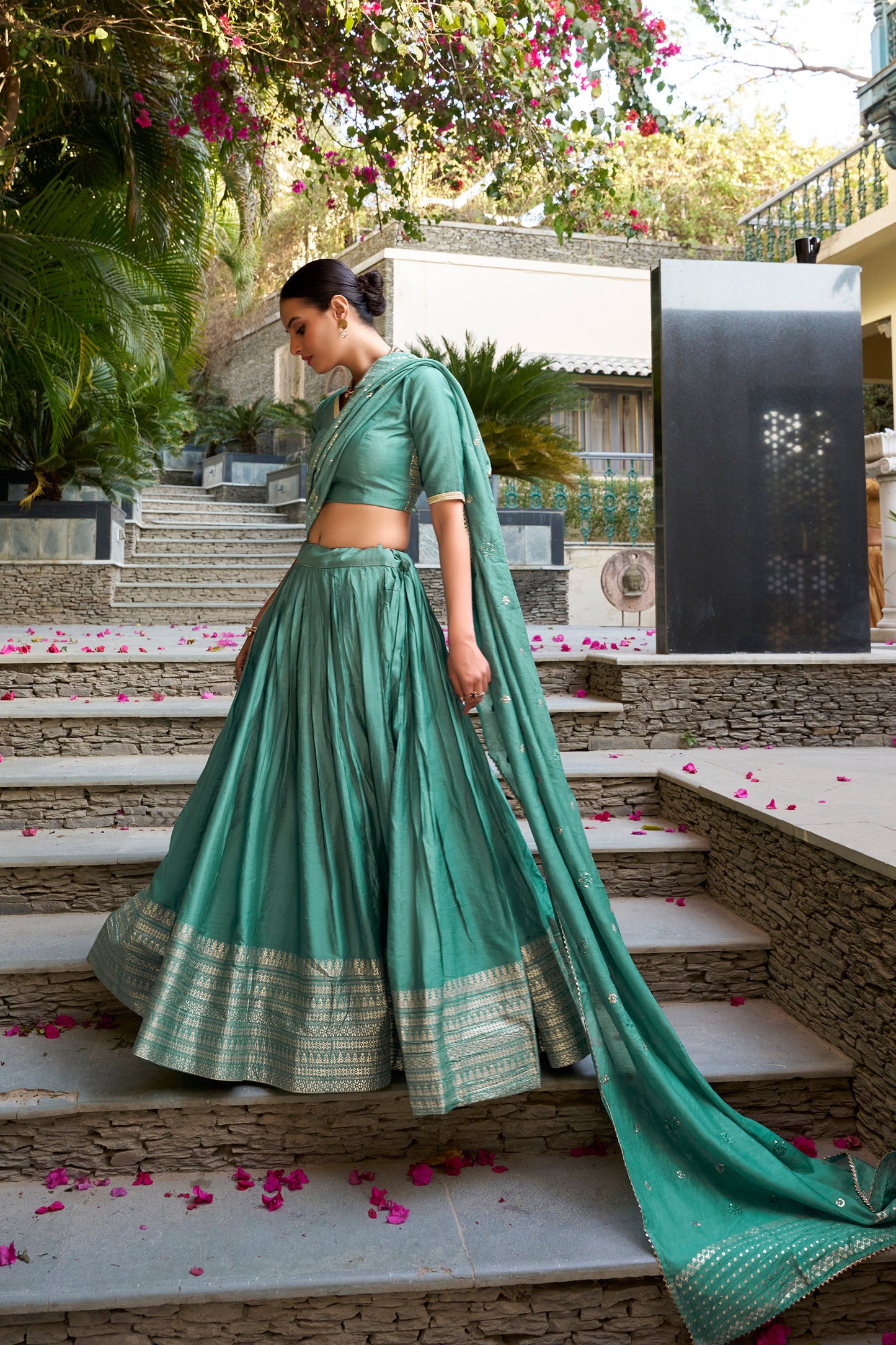 Teal Green Color Pure Chanderi Fabric Reception Wear Lehenga Choli