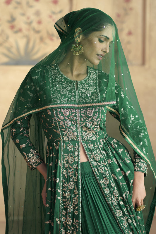 Traditional embroidered lehenga with matching dupatta, perfect for weddings and festive occasions.