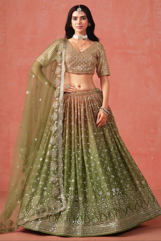 New Olive Green Color Sequins Work Sangeet Function Wear Lehenga Choli