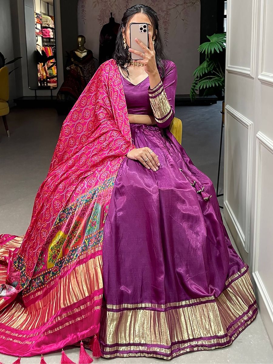 Purple Color Gaji Silk Fabric Navratri Wear Lehenga Choli With Dupatta