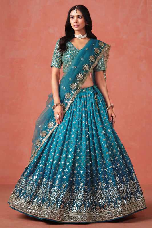Heavy Embroidered Stitched Lehenga Teal Blue Color Sequins Festival Wear Georgette Choli
