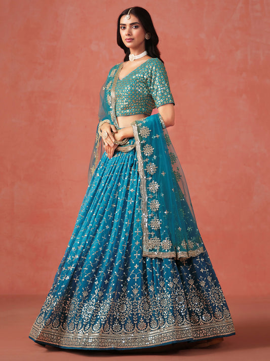 Heavy Embroidered Stitched Lehenga Teal Blue Color Sequins Festival Wear Georgette Choli