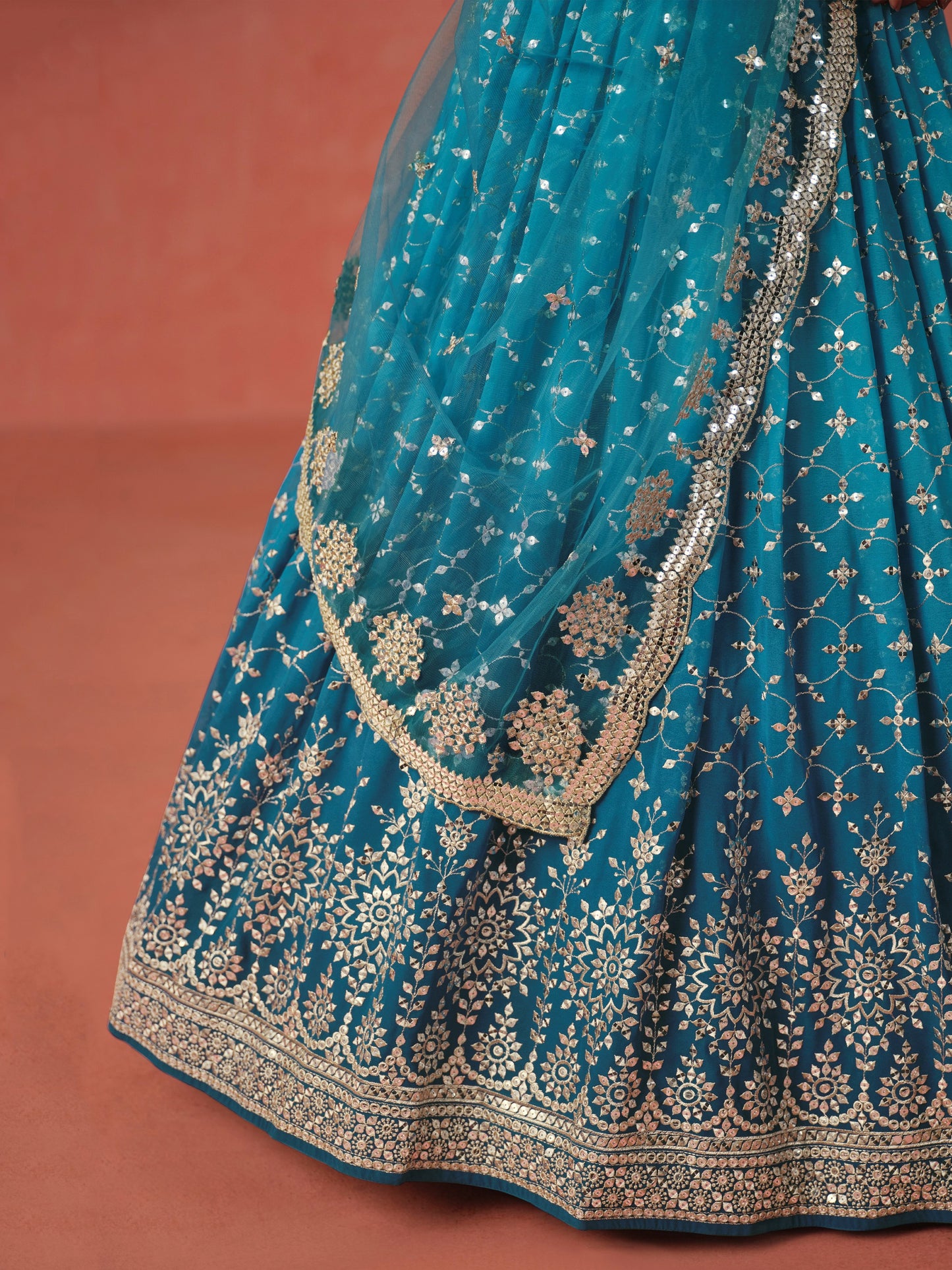 Heavy Embroidered Stitched Lehenga Teal Blue Color Sequins Festival Wear Georgette Choli