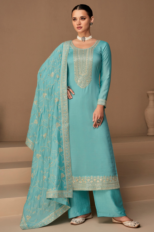 Stylish Chinon Silk & Embroidered Salwar Kameez Pant Suit For Pakistani Eid outfits USA