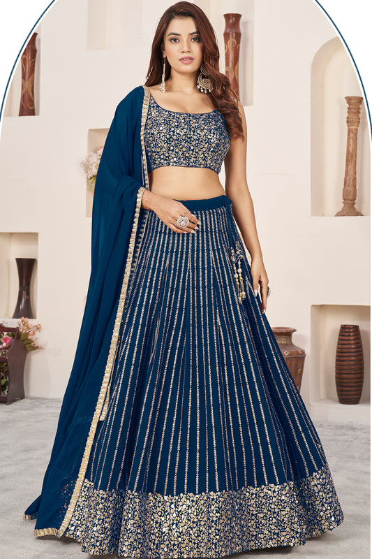 Blue Color Lehenga Choli With Thread Embroidery Sequins Work Dupatta