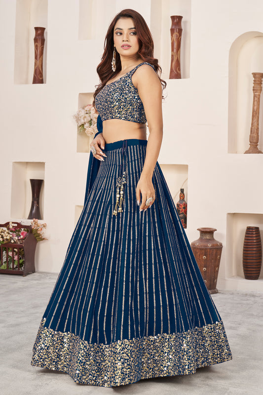 Blue Color Lehenga Choli With Thread Embroidery Sequins Work Dupatta