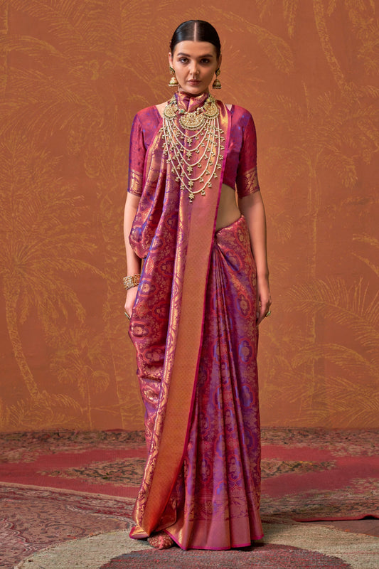 Readymade Saree With Blouse Affordable Pink Color Printed Silk Fabric Sari