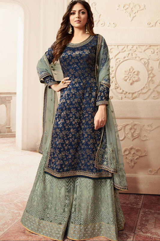 Pakistani Designer Reception Wear Embroidery Work Sharara Plazzo Suit