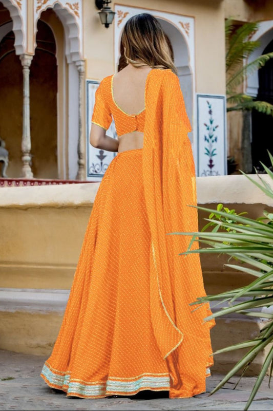 Indian Haldi Ceremony Wear Yellow Lehenga Choli Laheriya Print Worked