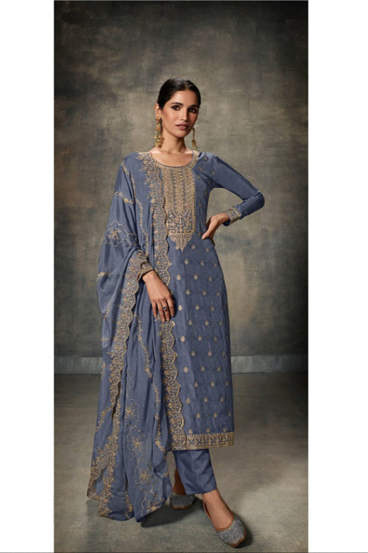 Beautiful Designer Coding Embroidery Work & Dola Silk Salwar Kameez Pant Suits