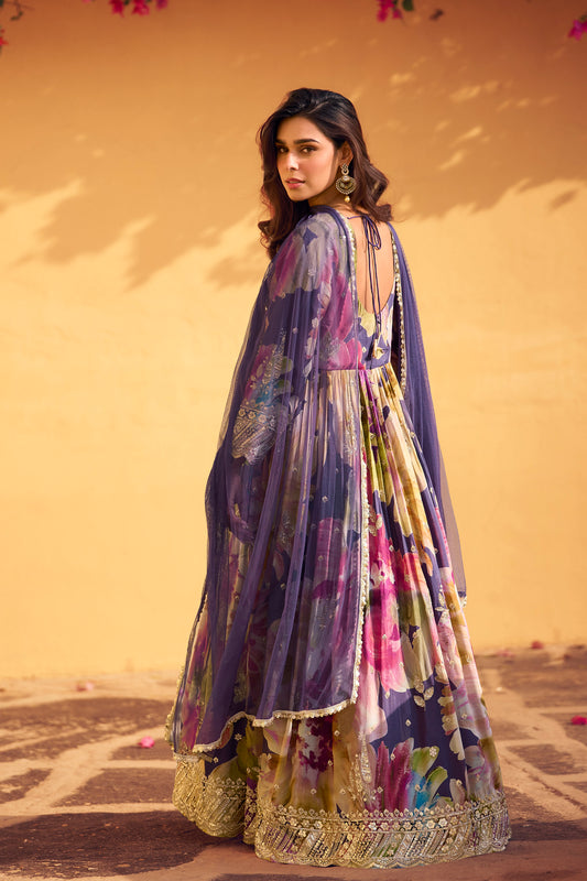 Anarkali Printed Gown Suit With Premium Chinnon Silk Dupatta For USA Customers