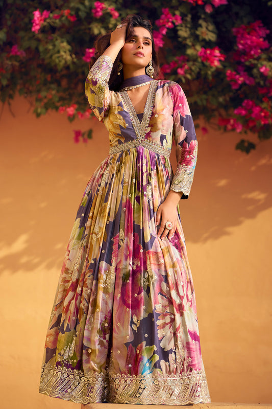 Anarkali Printed Gown Suit With Premium Chinnon Silk Dupatta For USA Customers