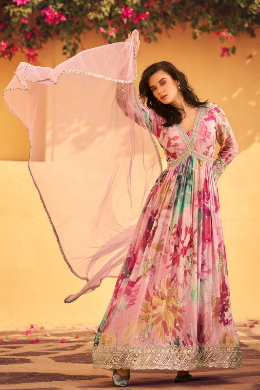 Anarkali Printed Gown Suit With Premium Chinnon Silk Dupatta For USA Customers