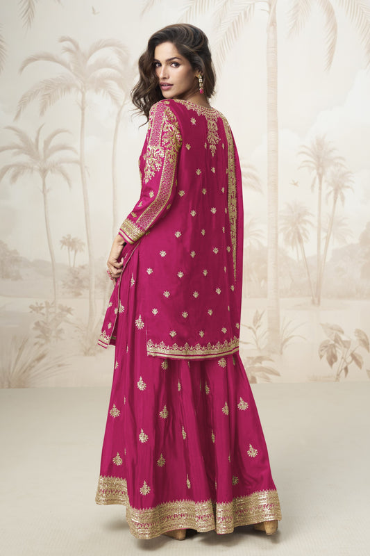 Pink color palazzo suit in Chinon silk fabric with embroidery work, bringing a soft and elegant charm to traditional celebrations.