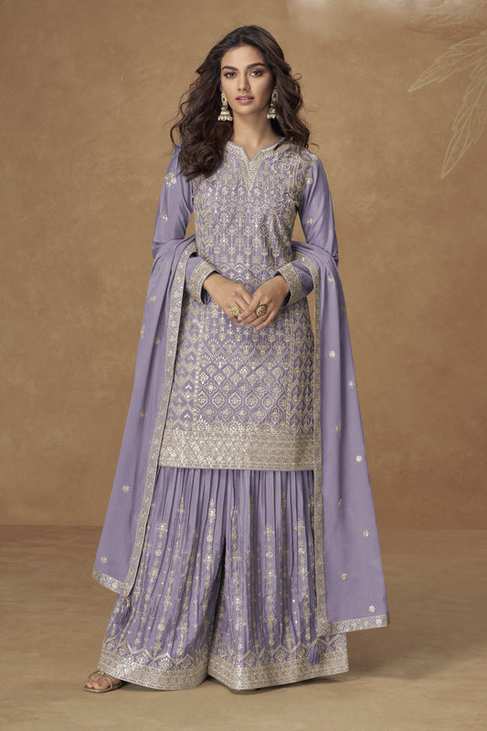 Royal purple color palazzo suit in Chinon fabric with embroidery work, exuding a majestic and traditional appeal suited for grand celebrations.