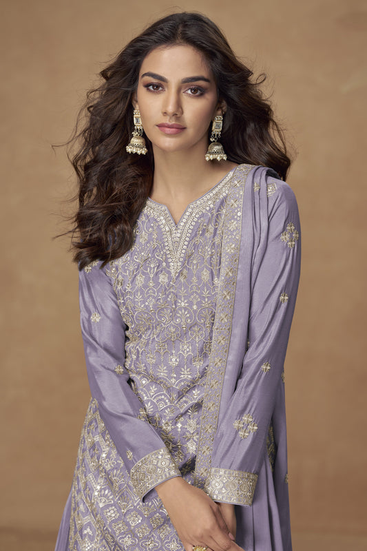 Royal purple color palazzo suit in Chinon fabric with embroidery work, exuding a majestic and traditional appeal suited for grand celebrations.