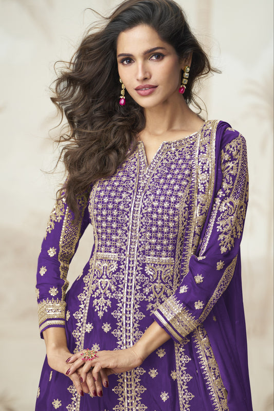 Purple color palazzo suit in Chinon silk fabric with embroidery work, featuring a graceful and royal look perfect for special gatherings.