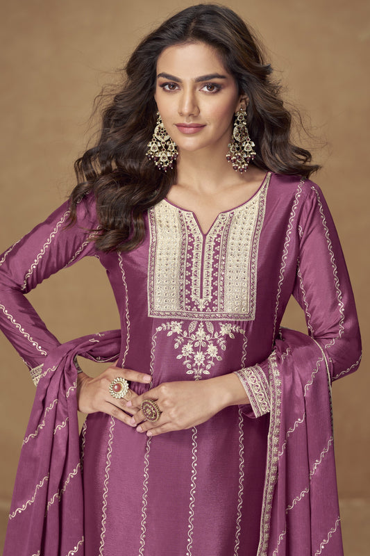 Mulberry pink color palazzo suit in Chinon silk fabric with embroidery work, offering a rich and elegant look for festive gatherings.