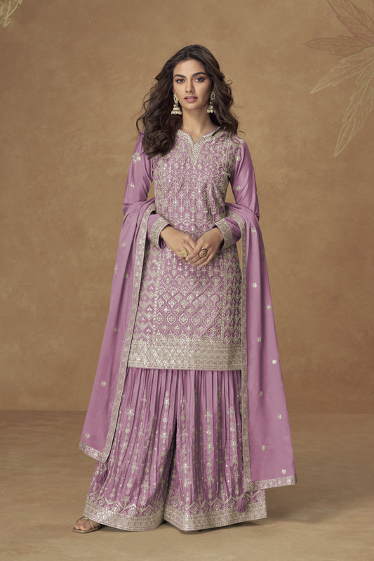 Mulberry pink color palazzo suit in Chinon fabric with embroidery work, showcasing rich elegance and feminine charm ideal for special occasions.