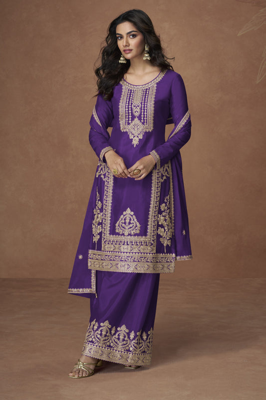 Purple color palazzo suit in Chinon silk fabric with embroidery work, bringing a regal and graceful touch to traditional celebrations.