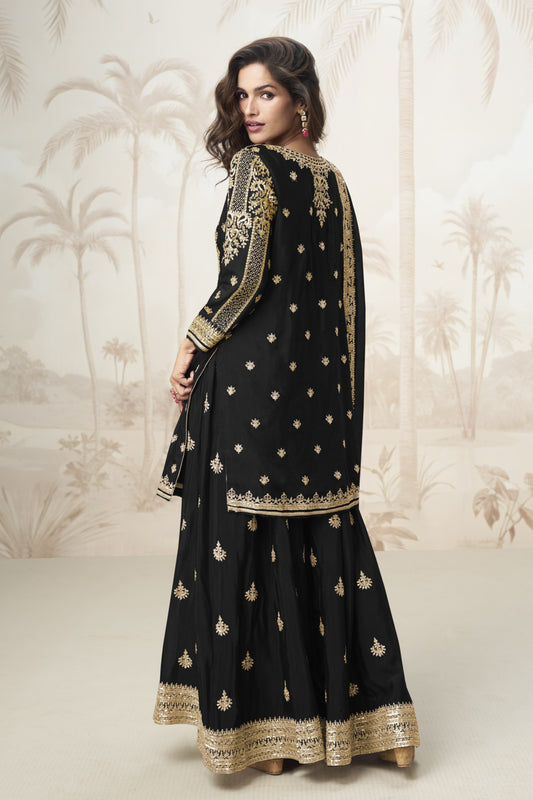 Black color palazzo suit in Chinon silk fabric with embroidery work, showcasing timeless sophistication for festive and formal events.