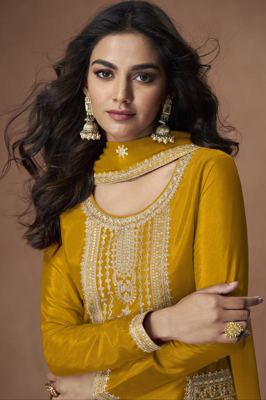 Yellow color palazzo suit in Chinon silk fabric with embroidery work, radiating bright and joyful charm perfect for cultural occasions.