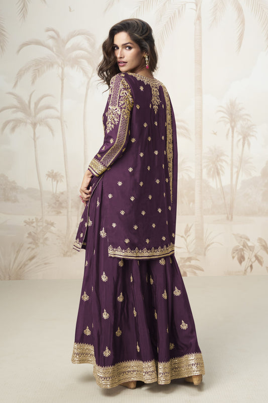 Wine color palazzo suit in Chinon silk fabric with embroidery work, offering a rich and regal look ideal for festive and evening occasions.