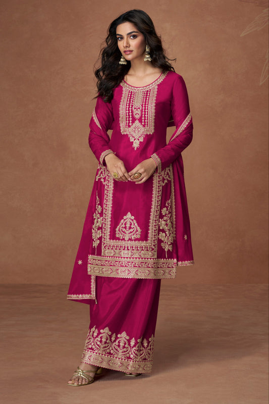 Pink color palazzo suit in Chinon silk fabric with embroidery work, offering a simple yet elegant look perfect for festive and traditional occasions.