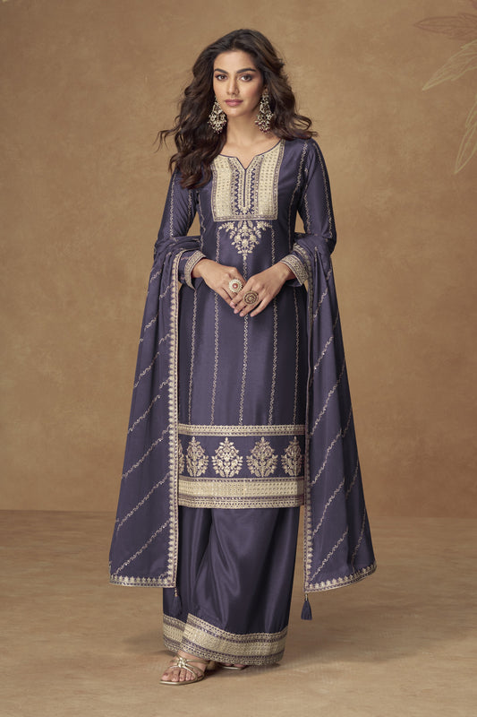 Dark blue color palazzo suit in Chinon silk fabric with embroidery work, perfect for a graceful and sophisticated traditional appearance.