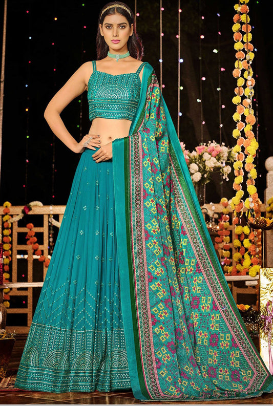 Teal Blue Color Designer Readymade Lehenga Choli with Embroidery Work