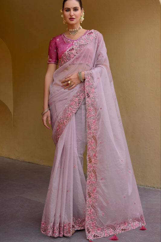 Stitched Traditional Saree Exclusive Lavender Color Embroidery Work Silk Sari With Stylish Blouse