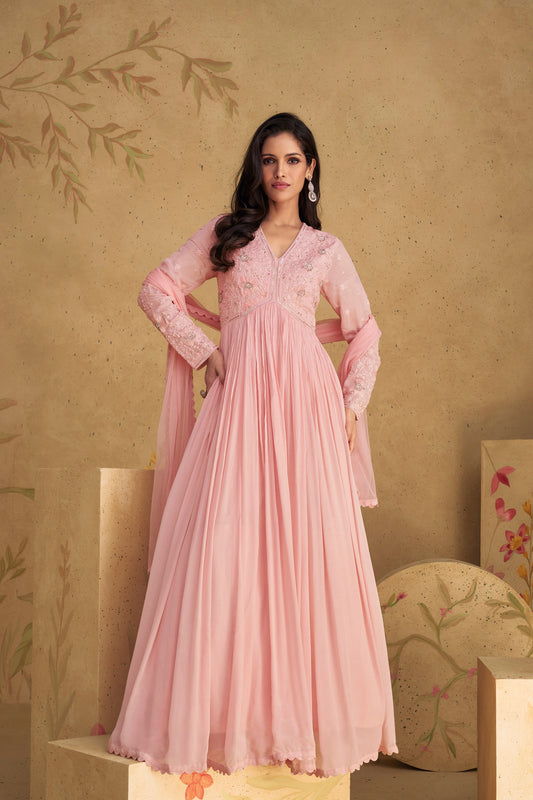 Traditional pink color ethnic wedding party wear for women Indian anarkali gown USA