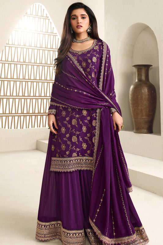 Purple Color Heavy Embroidery Worked Salwar Kameez Plazzo For Wedding