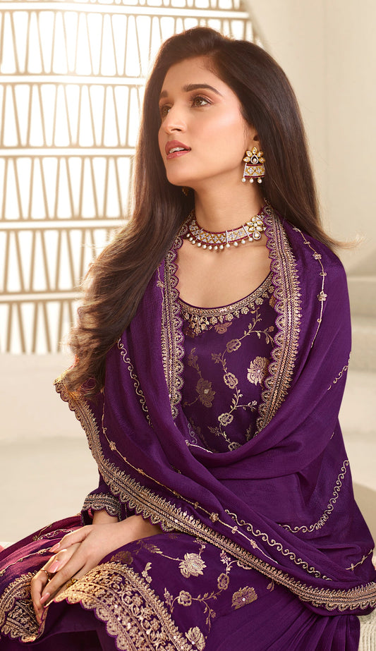 Purple Color Heavy Embroidery Worked Salwar Kameez Plazzo For Wedding