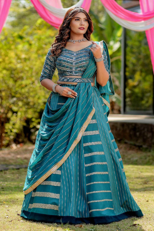Teal Blue Color Silk Fabric Wedding Wear Lehenga with Designer Blouse