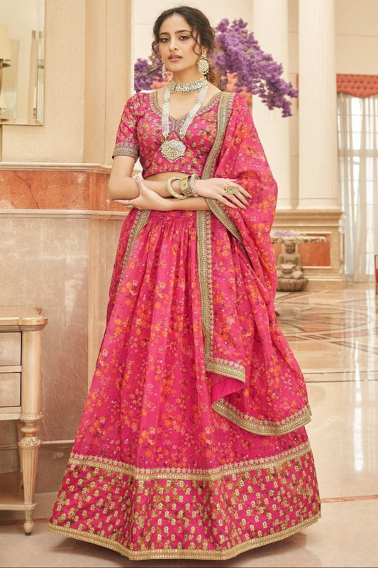Pink Color Floral Printed Organza Fabric Traditional Wear Lehenga Choli