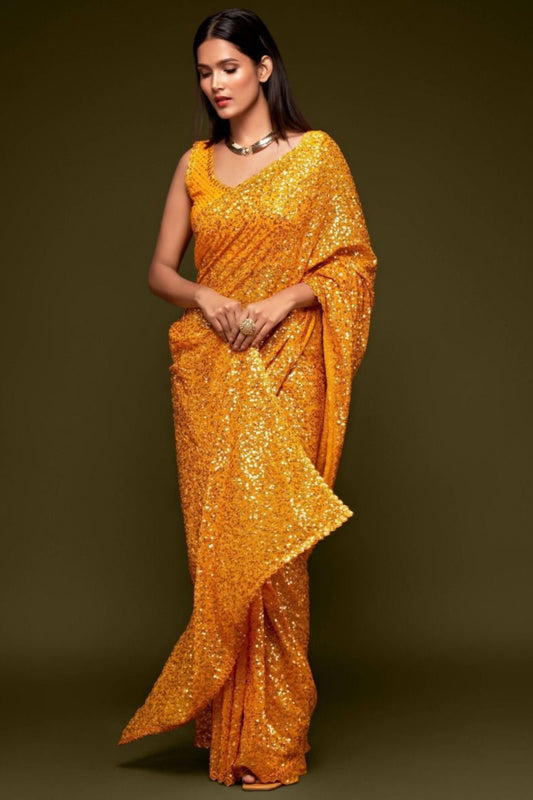 Indian Pakistani Style Yellow Color Designer Ethnic Party Wear Saree