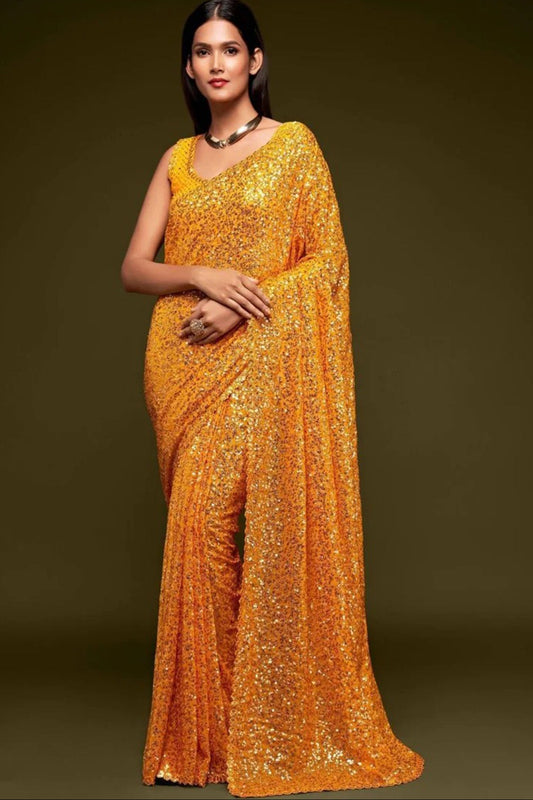 Indian Pakistani Style Yellow Color Designer Ethnic Party Wear Saree