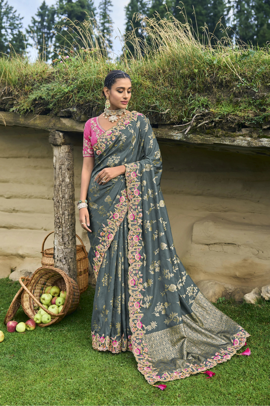 Astonishing Grey Color Wedding Reception Party Wear Pure Dola Saree