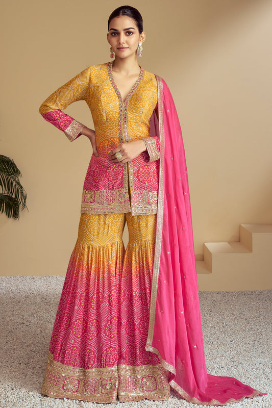 Indian Pakistani Designer Ready To Wear Heavy Embroidery Work Sharara Style Suits With Chinon Dupatta