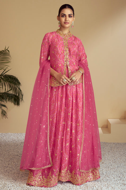 Indian Pakistani Designer Ready To Wear Heavy Embroidery Work Sharara Style Suits With Chinon Dupatta