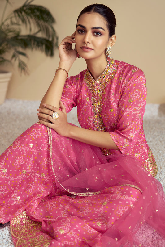 Indian Pakistani Designer Ready To Wear Heavy Embroidery Work Sharara Style Suits With Chinon Dupatta