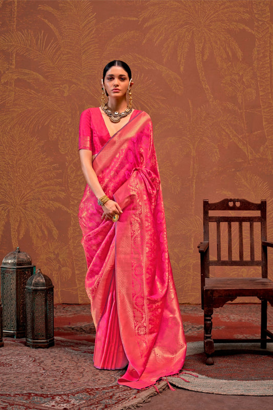 Indian Stitched Saree Pink Color Woven Work Silk Sari With Blouse