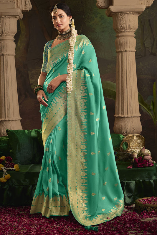 Soft Fabric Stitched Teal Blue Color Printed Heavy Silk Fabric Saree With Readymade Blouse